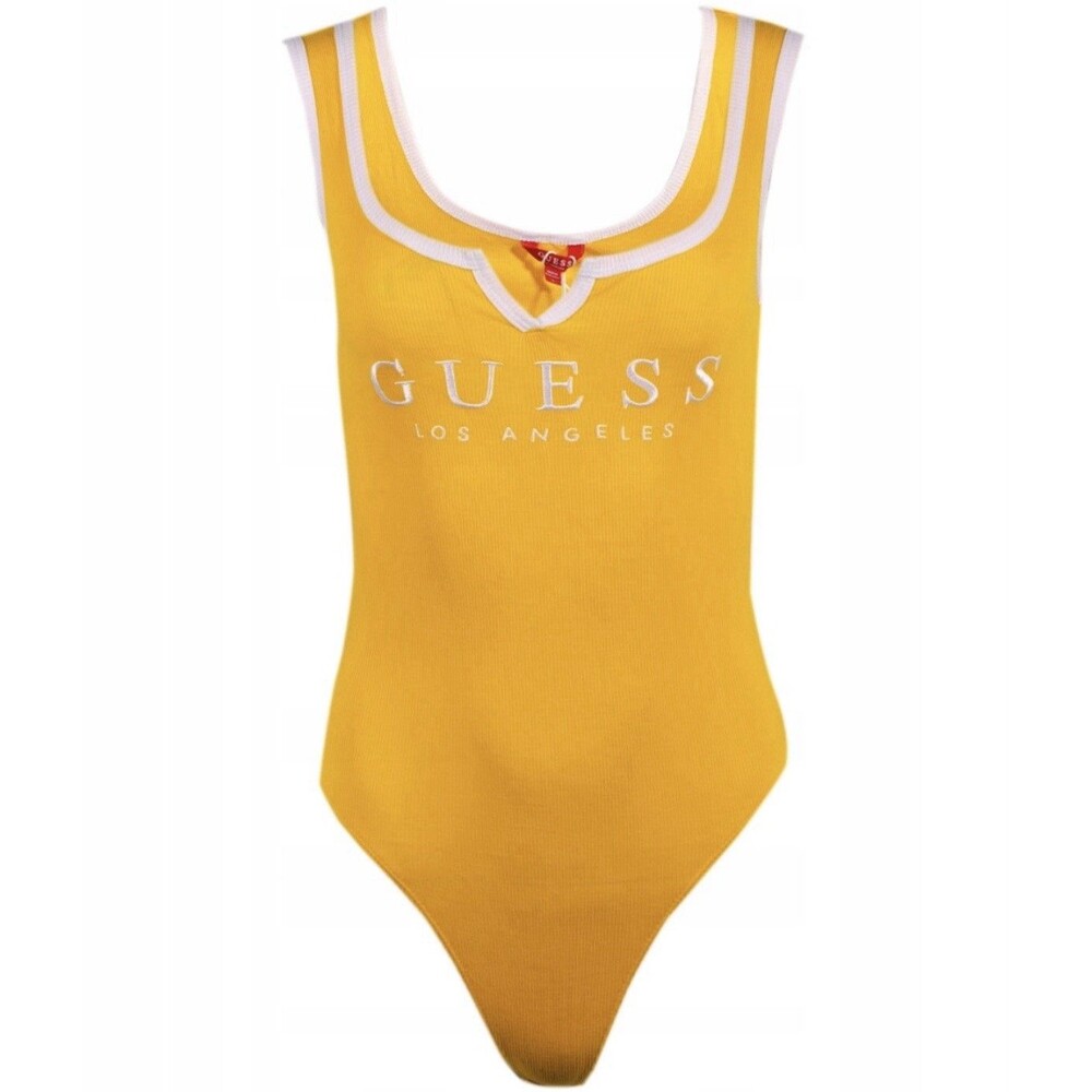GUESS Los Angeles Women's M Ribbed Logo Yellow Tank Bodysuit Stretch Sleeveless